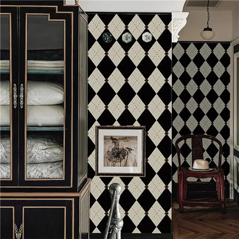 Retro Peel and Stick Wallpaper Black and White Wallpaper Vintage Plaid